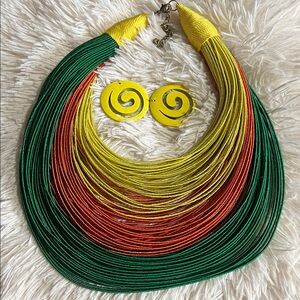 Handcrafted Multistrand Yellow, Orange & Green Statement Necklace with Earrings